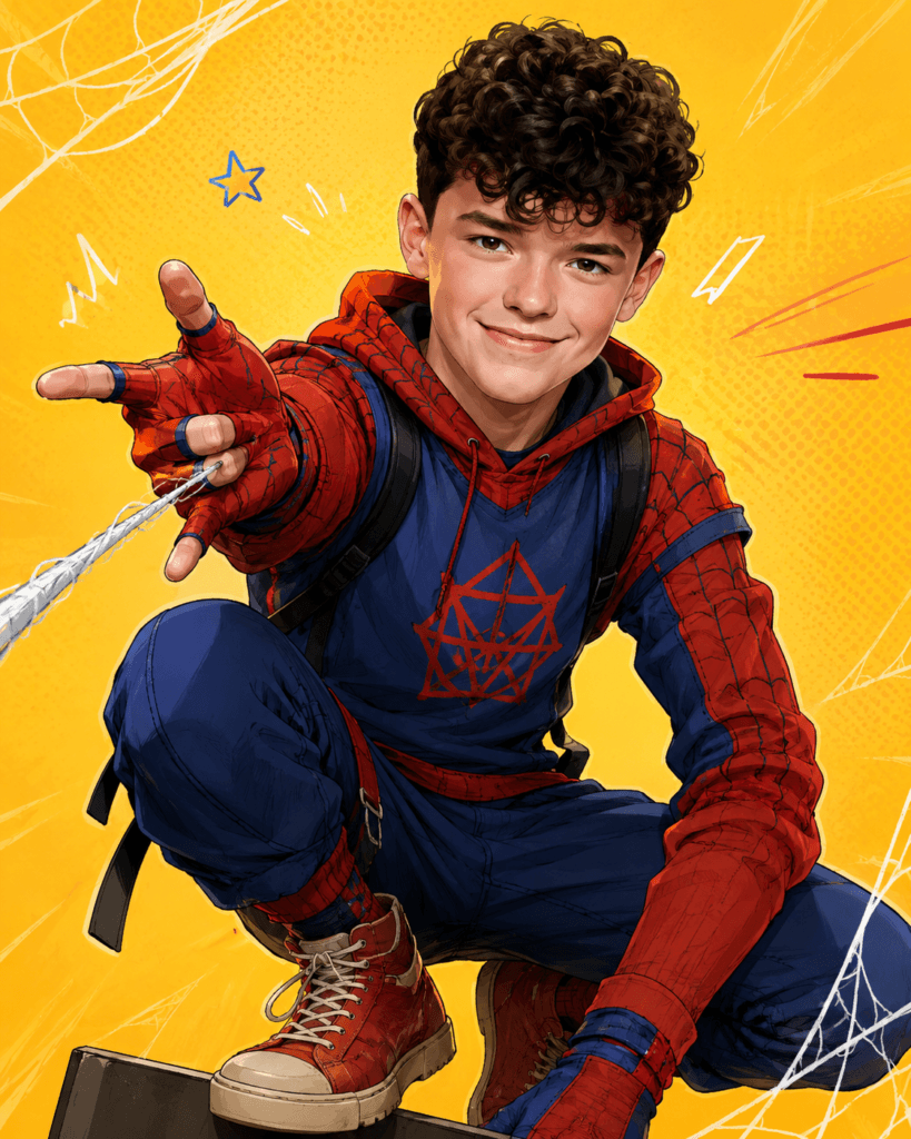 Animated concept artwork imagining Owen Cooper as a spider-inspired young superhero