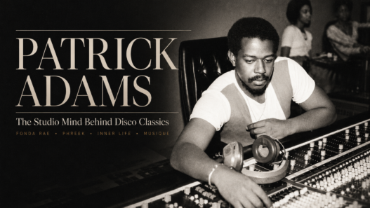 Patrick Adams at a recording studio console in a vintage editorial tribute to the disco producer behind Fonda Rae, Phreek, Inner Life and Musique.