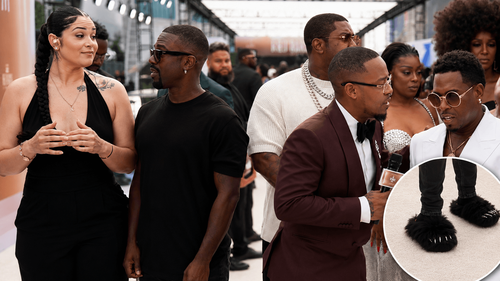 Ray J reacts awkwardly on the BET Awards 2026 red carpet beside a sign language interpreter, with a circular close-up of his black furry slipper-style footwear.
