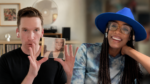 Rhona Bennett smiling in a blue hat alongside a music collector holding her lost debut album on CD.