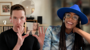 Rhona Bennett smiling in a blue hat alongside a music collector holding her lost debut album on CD.