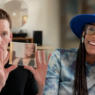 Rhona Bennett smiling in a blue hat alongside a music collector holding her lost debut album on CD.