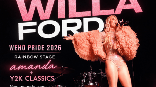 Willa Ford performs live at WeHo Pride 2026 on the Rainbow Stage, bringing new amanda songs and Y2K classics to the crowd in a glamorous pink stage look.