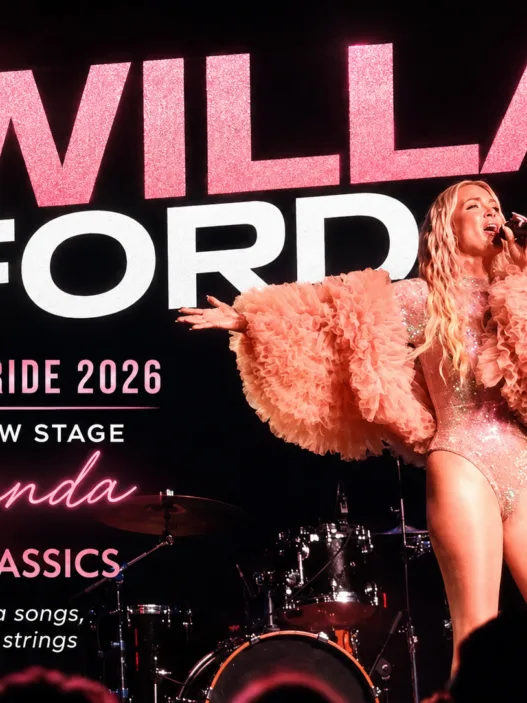 Willa Ford performs live at WeHo Pride 2026 on the Rainbow Stage, bringing new amanda songs and Y2K classics to the crowd in a glamorous pink stage look.