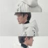 Two close portrait views of a model wearing a black HELIOT EMIL SS27 jacket with an oversized high collar and silver hardware