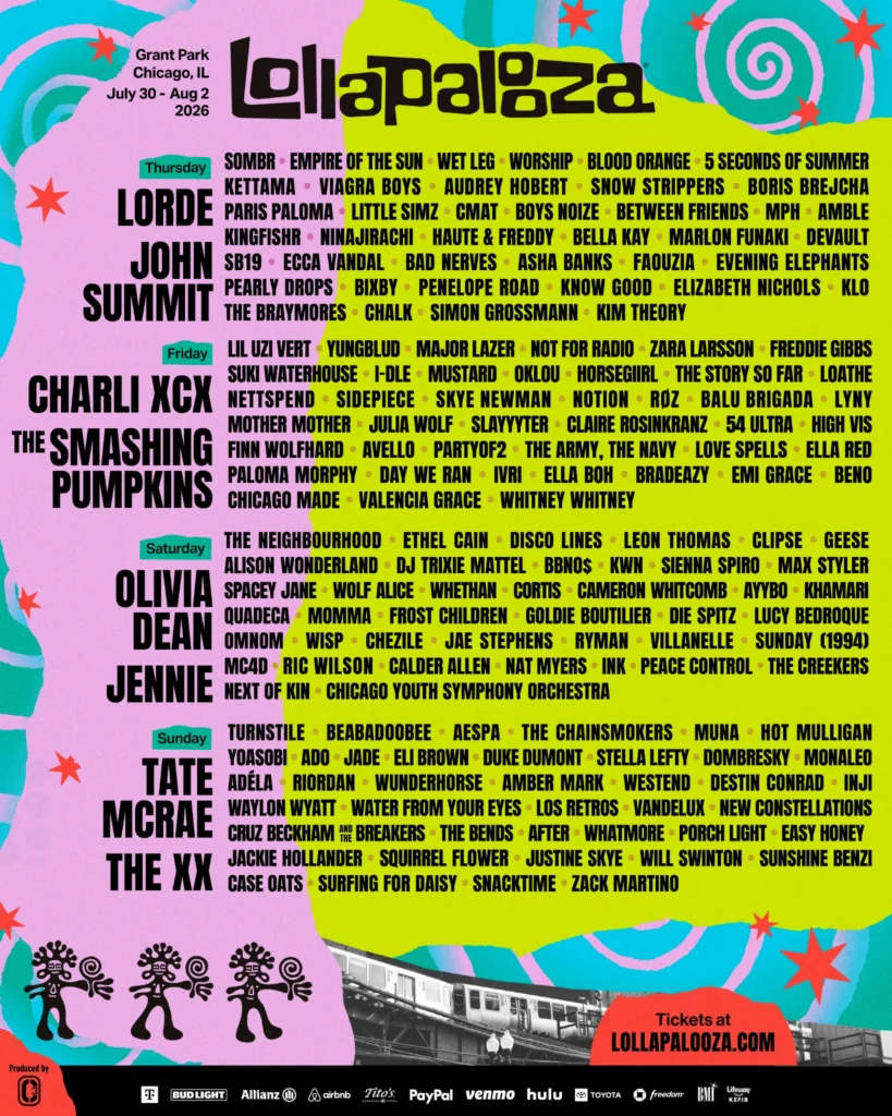 Lollapalooza 2026 daily lineup poster for the Chicago festival at Grant Park