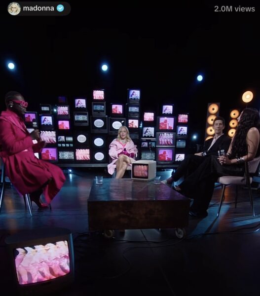 Madonna appears during the iHeartRadio and TikTok live premiere for Confessions II with Stuart Price, Lola Leon and Bob the Drag Queen.