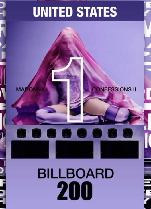 Madonna beneath a pink veil celebrating Confessions II reaching No. 1 on the Billboard 200