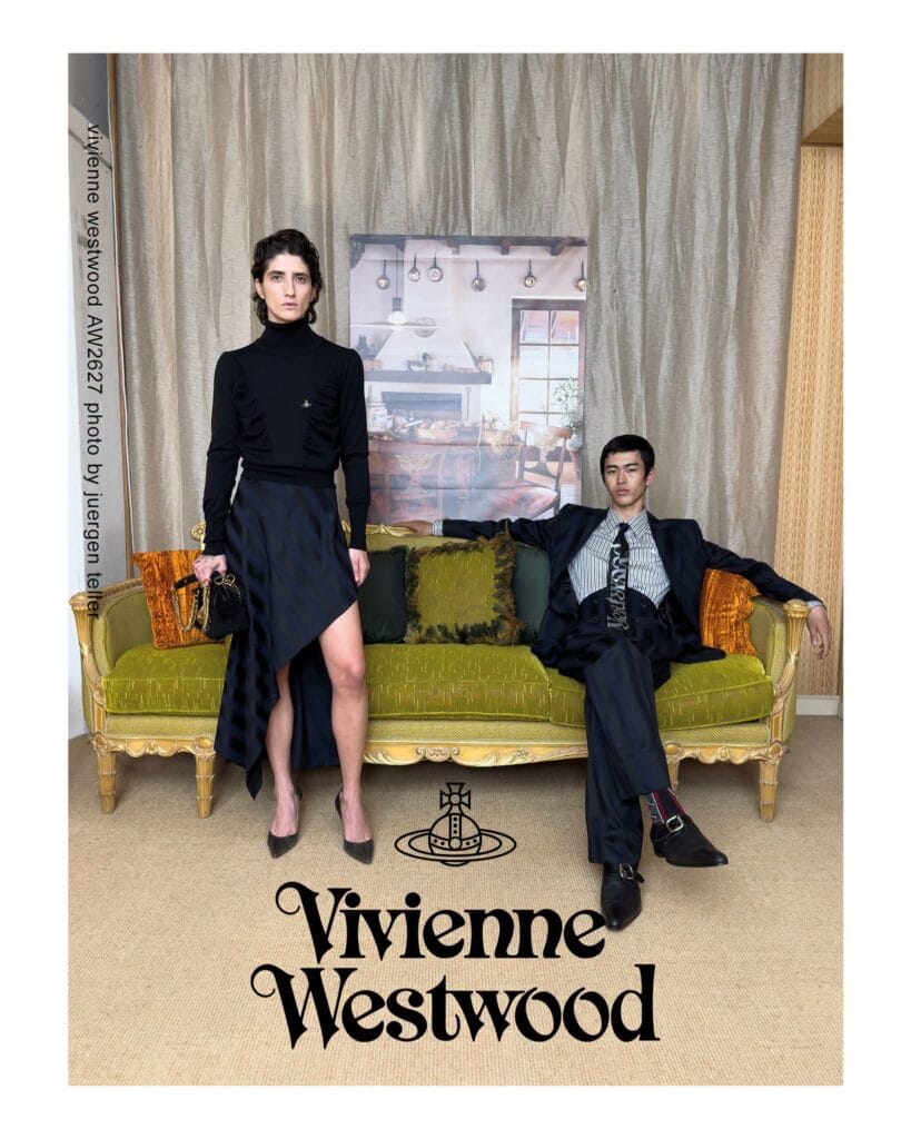 Model wears layered Vivienne Westwood Fall Winter 2026 fashion inside the ornate Belloni showroom in Italy
