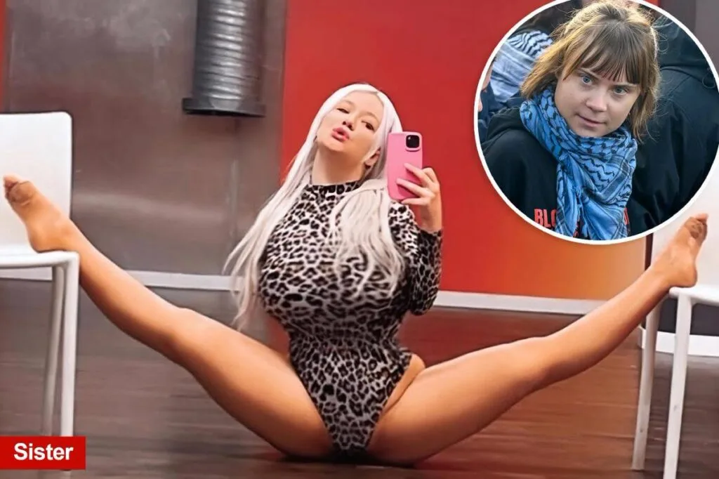 Bea MonaLisa performing a floor split in a leopard-print look beside an inset image of Greta Thunberg