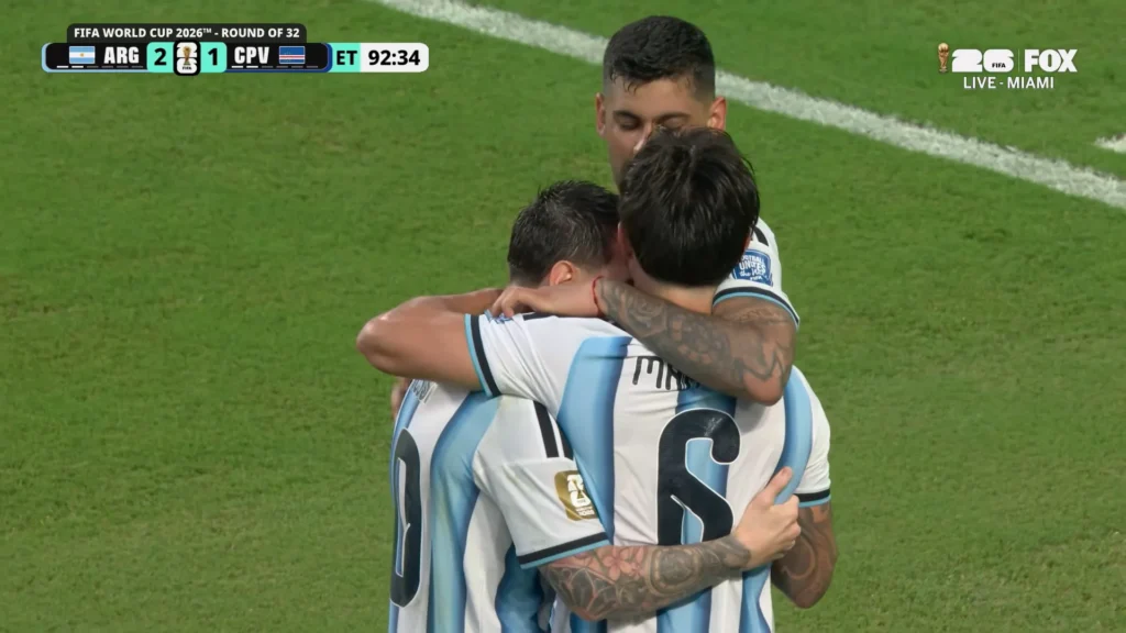 Argentina player moment from the FIFA World Cup 2026 Round of 32 match against Cape Verde.