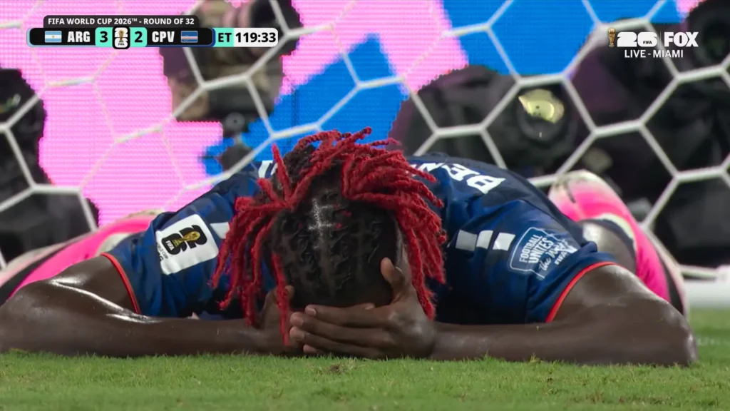 Argentina vs. Cape Verde Round of 32 highlight still from late in the FIFA World Cup 2026 match.