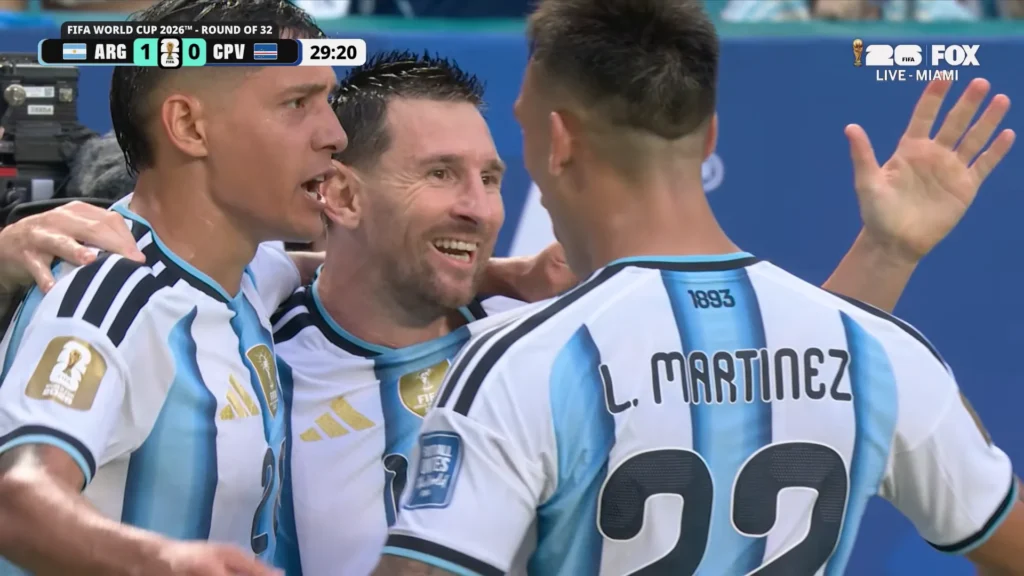 Argentina players during a Round of 32 highlight moment against Cape Verde at the FIFA World Cup 2026.