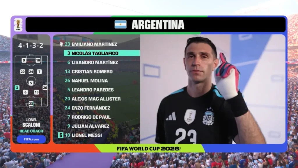 Argentina vs Switzerland first-minute highlight still from the FIFA World Cup 2026 quarterfinal.