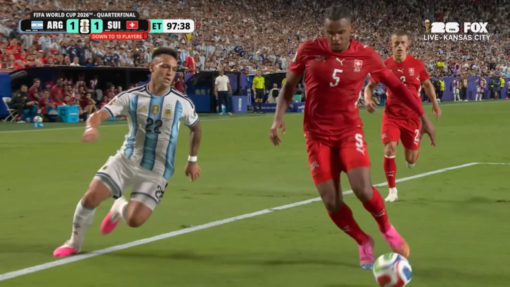 Argentina vs Switzerland World Cup 2026 quarterfinal action near the penalty area.