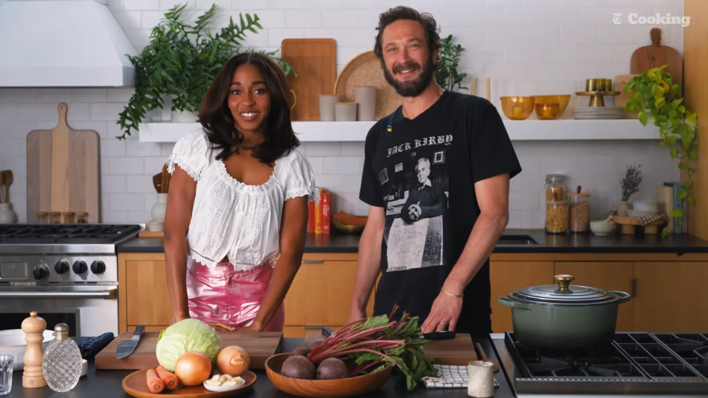 Ayo Edebiri and Ebon Moss-Bachrach introducing their NYT Cooking borscht recipe