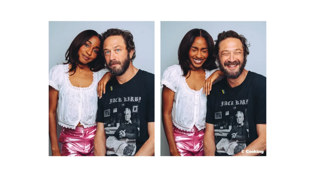 Ayo Edebiri and Ebon Moss-Bachrach sharing bowls of vegetarian borscht for NYT Cooking