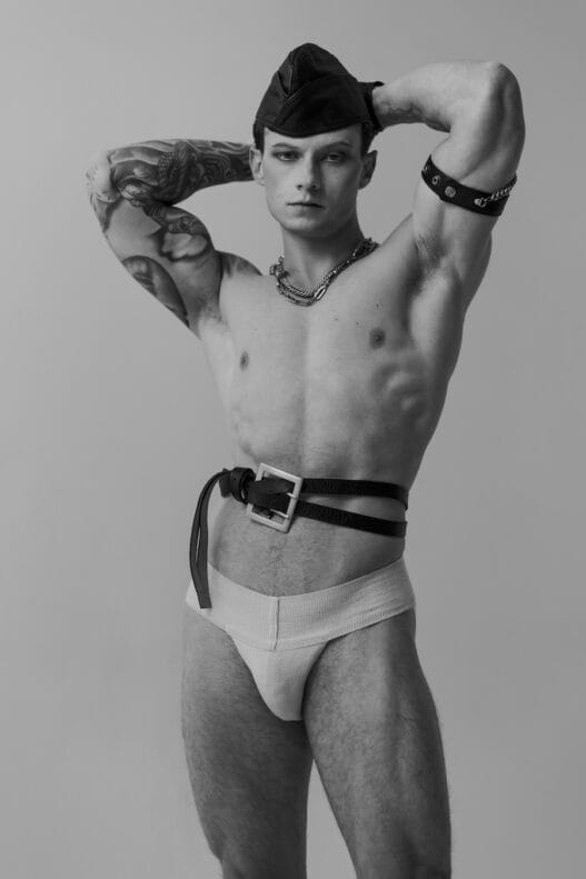 Ben Ryan modeling fluid menswear styling in the QUE3R editorial photographed by David Sierra