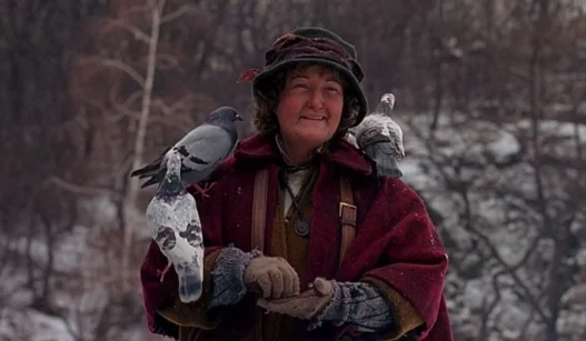 Brenda Fricker as the Pigeon Lady speaks with Kevin in Home Alone 2: Lost in New York