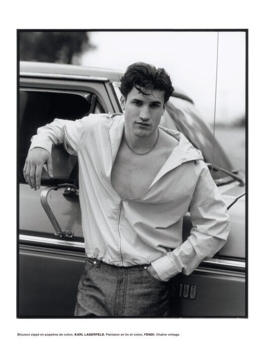 British model Max Knott poses in the L’échappée belle editorial for Numéro Homme photographed by James Harvey-Kelly.