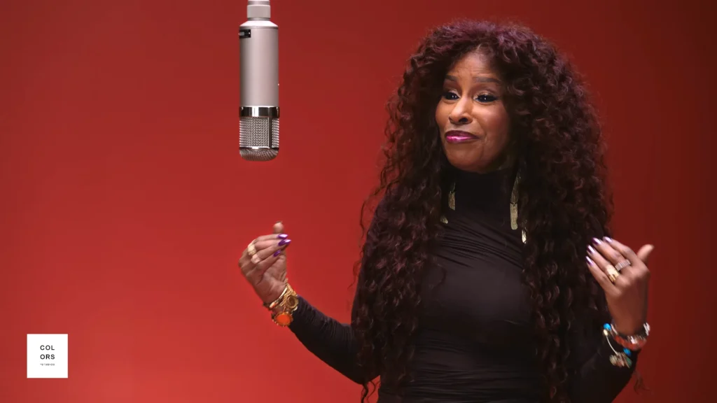 Chaka Khan standing at the microphone during her Through the Fire COLORS performance
