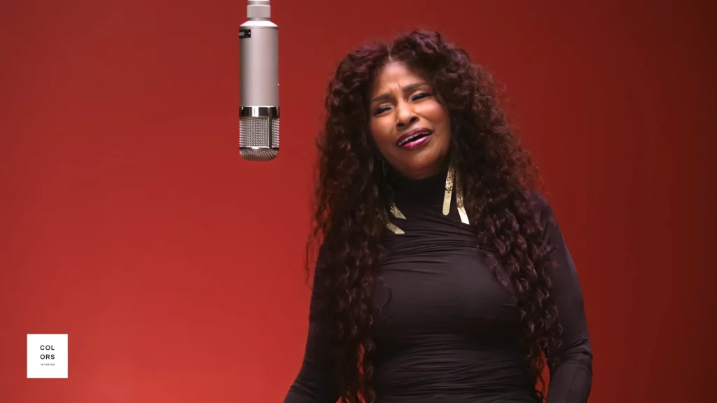 Chaka Khan singing Through the Fire against the minimalist COLORS backdrop
