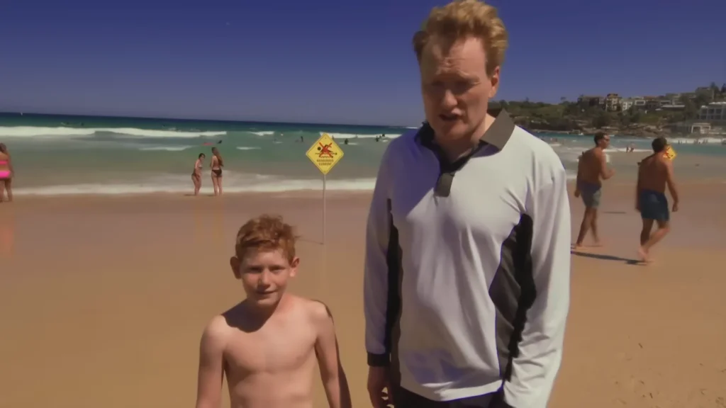 A screenshot from Conan In Australia shows Conan O’Brien during the Team Coco travel special.
