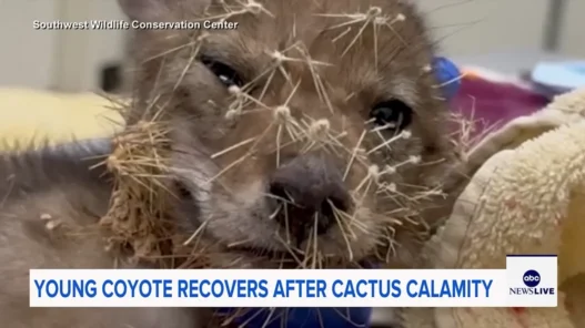 Coyote pup receiving care after cactus spines were removed by wildlife rescuers