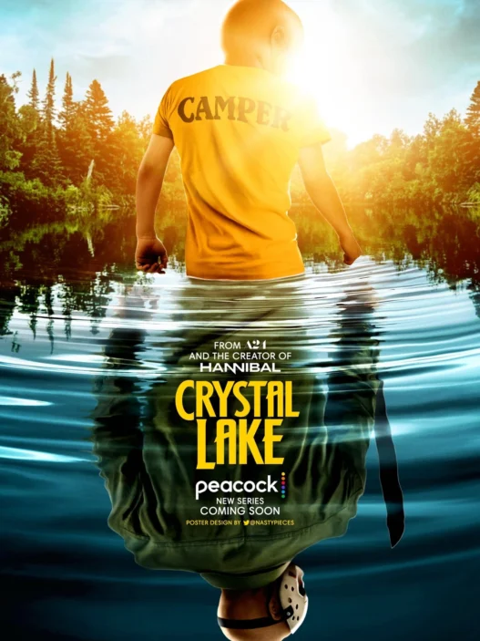 Fan poster showing a camper standing in Crystal Lake with Jason Voorhees reflected beneath the water
