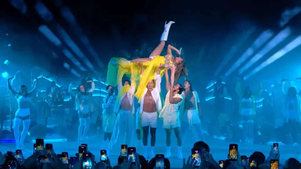 The Taormina 2026 performance stage overlooks Isola Bella during Jennifer Lopez’s concert