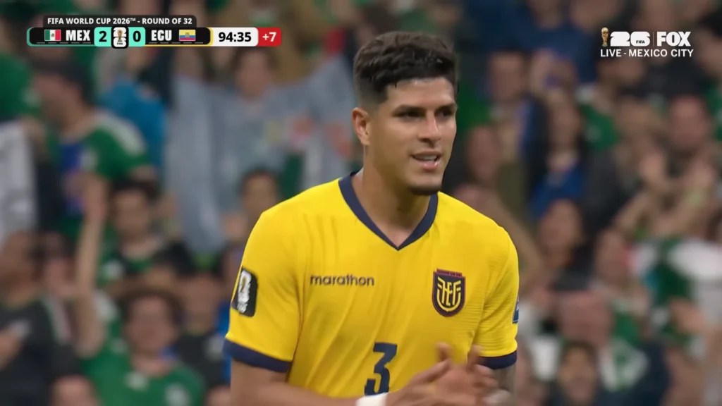 Ecuador defender Piero Hincapie receives a red card during the Mexico vs. Ecuador Round of 32 match at the 2026 FIFA World Cup.