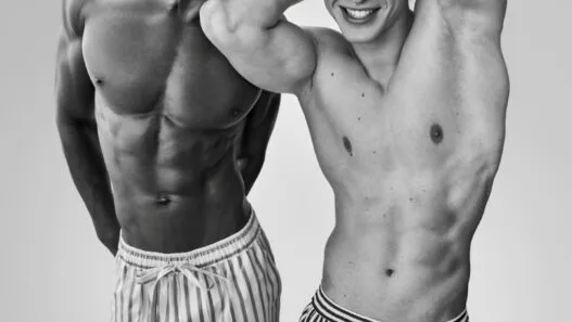 Six male models posing in Ferran Casanova’s “Play” editorial for Numéro Homme Switzerland