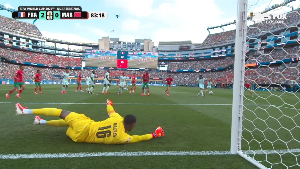 France vs Morocco FIFA World Cup 2026 quarterfinal highlight still from late in the match.