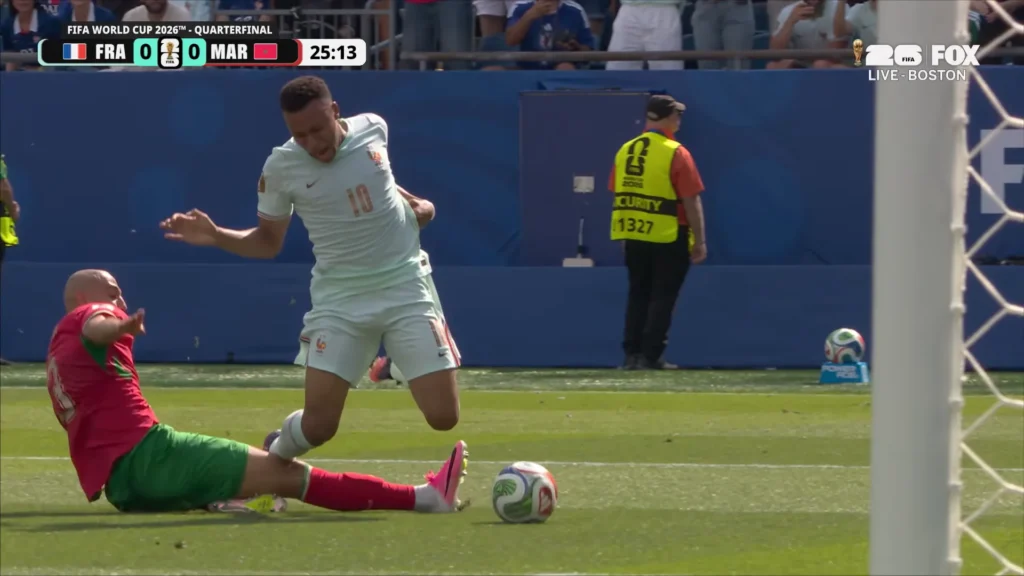 France vs Morocco World Cup 2026 quarterfinal action screenshot.