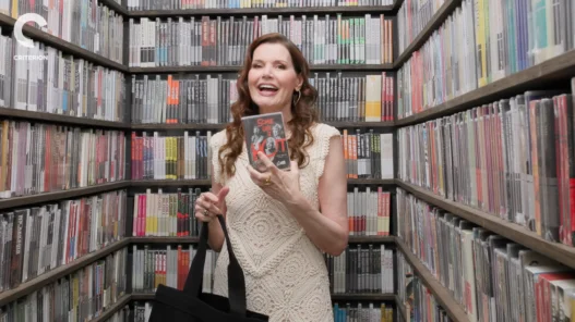 Geena Davis holds a Criterion title during her Closet Picks visit.