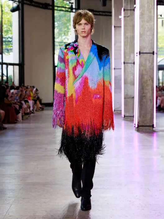 Model wears a sparkly beaded Germanier Fall/Winter 2026 couture look from Les Sulfureuses.
