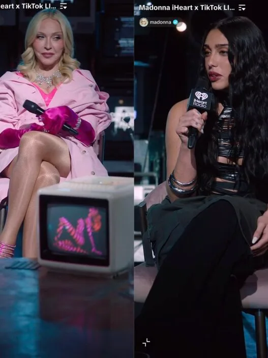 Madonna appears during the Confessions II iHeartRadio and TikTok LIVE premiere with Stuart Price, Lola Leon, and Bob the Drag Queen.