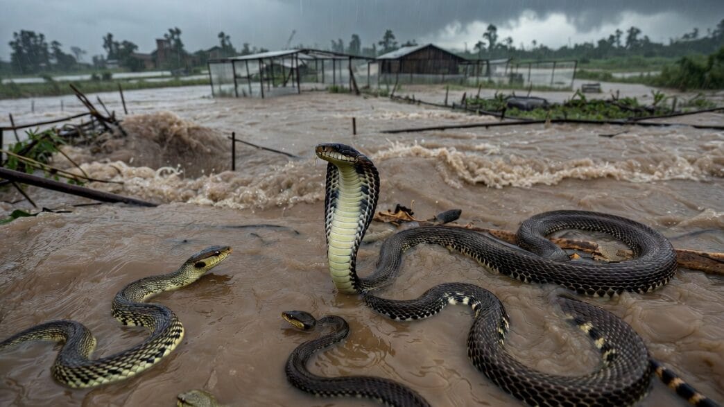 Flooding in Guangxi, China, after Typhoon Maysak brought the additional threat of escaped snakes from a breeding farm.