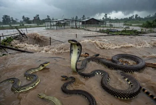 Flooding in Guangxi, China, after Typhoon Maysak brought the additional threat of escaped snakes from a breeding farm.