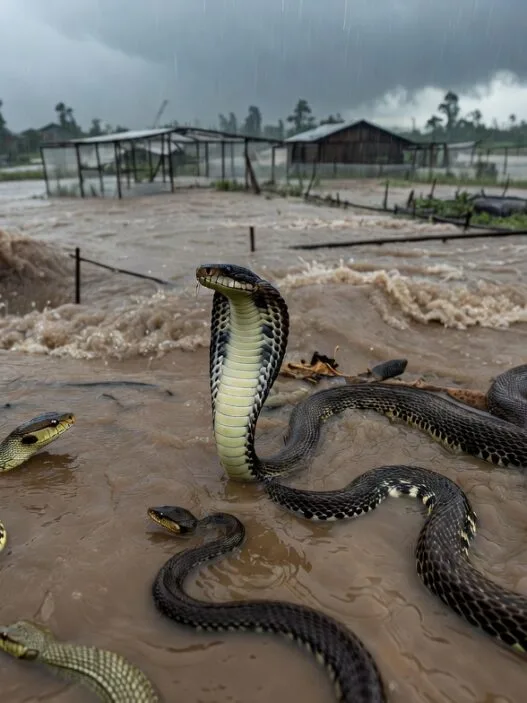 Flooding in Guangxi, China, after Typhoon Maysak brought the additional threat of escaped snakes from a breeding farm.