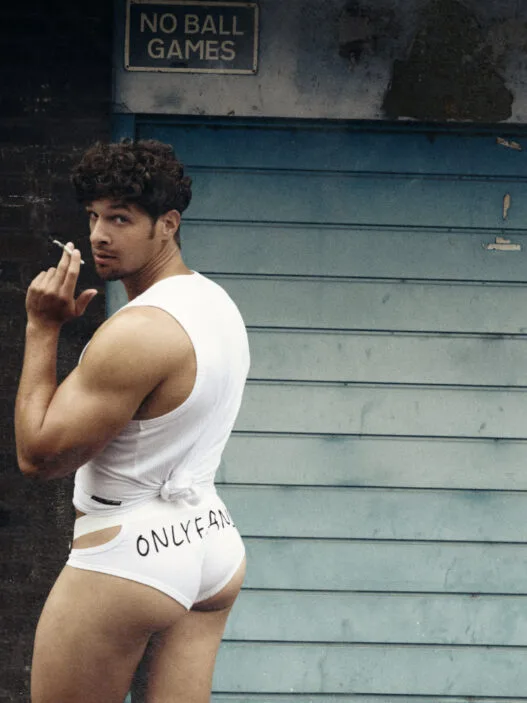 Model wears a Louis-Gabriel Nouchi x OnlyFans campaign look for the limited-edition LGN capsule collection.