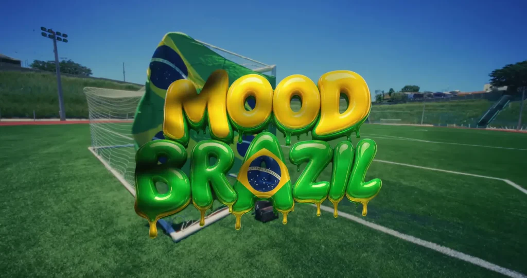 MOOD BRAZIL title graphic in Brazilian colors on a football field in Lil Naay's official video
