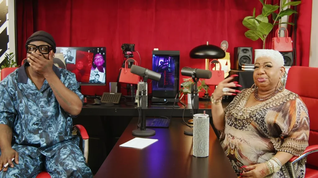 Bob the Drag Queen reacts while interviewing Luenell on Only Child