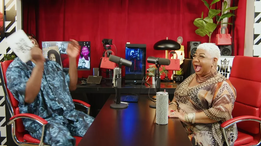 Luenell and Bob the Drag Queen laugh together on the Only Child podcast