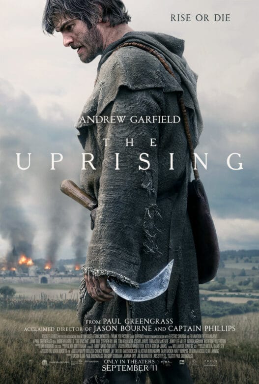 Andrew Garfield stands bloodied and battle-worn as Ploughman in The Uprising