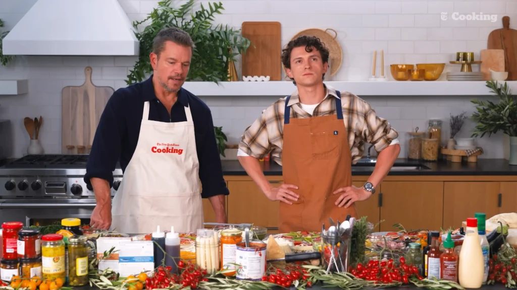 Tom Holland talking across the kitchen counter with Matt Damon during the pizza interview