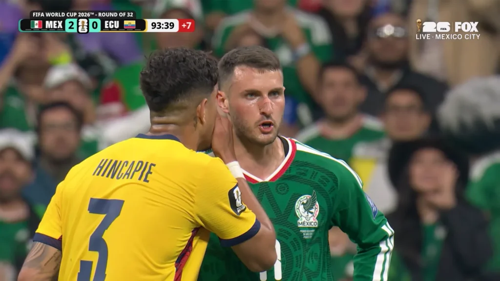 Mexico players celebrating during the 2026 FIFA World Cup Round of 32 match against Ecuador