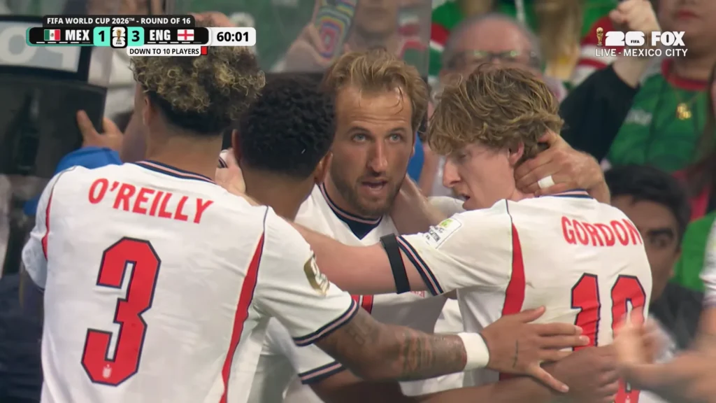 Mexico vs England World Cup 2026 Round of 16 highlight still from the second half.
