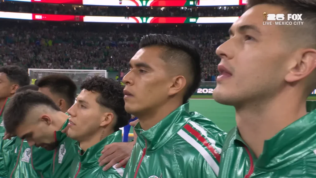 Mexico players and supporters during the national anthem before Mexico vs. Ecuador at the 2026 FIFA World Cup.