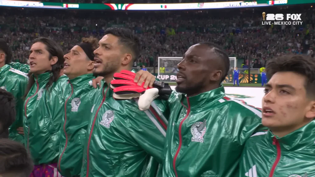 Mexico national anthem moment before the Round of 32 match against Ecuador at the 2026 FIFA World Cup.